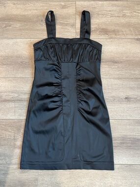 Arden B Black Satin Mini Dress with Ruched Front